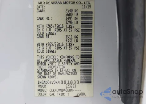 2019 Nissan Frontier Pro-4X z USA, uszkodzony, nr VIN 1N6AD0EV0KN881833